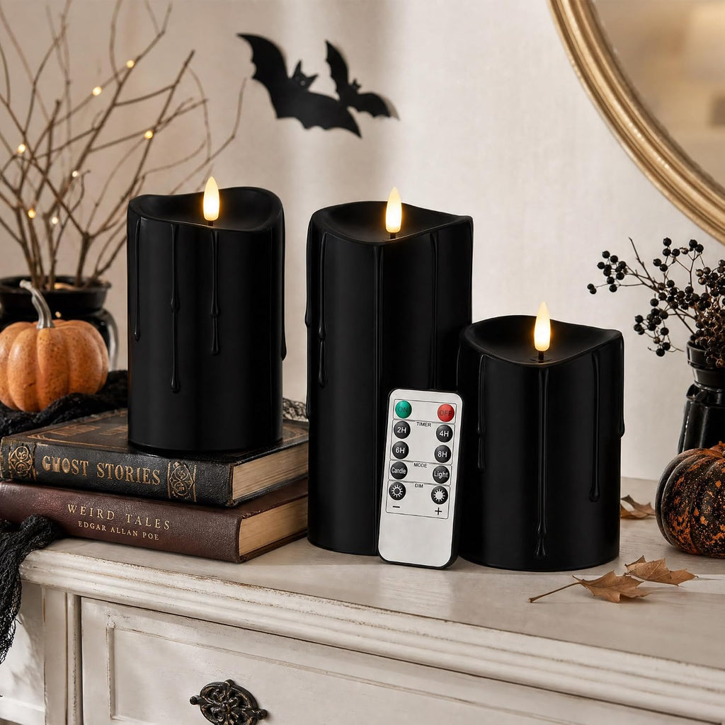 Halloween Black Dripping Wax Flameless Pillar Candles with Remote, Set of 3