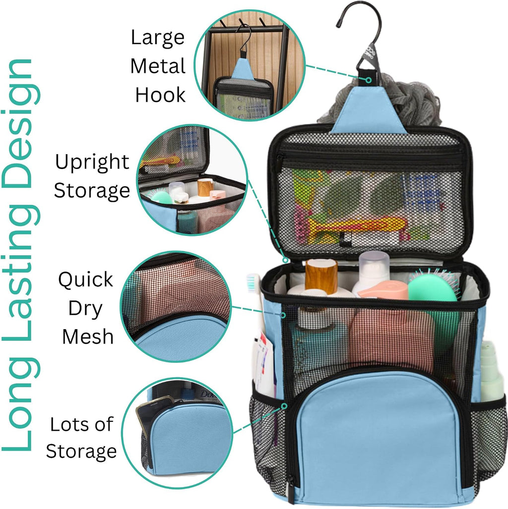 TERRA HOME College Dorm Room Essentials for Girls - Shower Caddy Dorm - Original, Portable, Durable, Roomy, Foldable Water Resistant Shower Bag in Light Pink with Metal Hook for Hanging (Light Blue)
