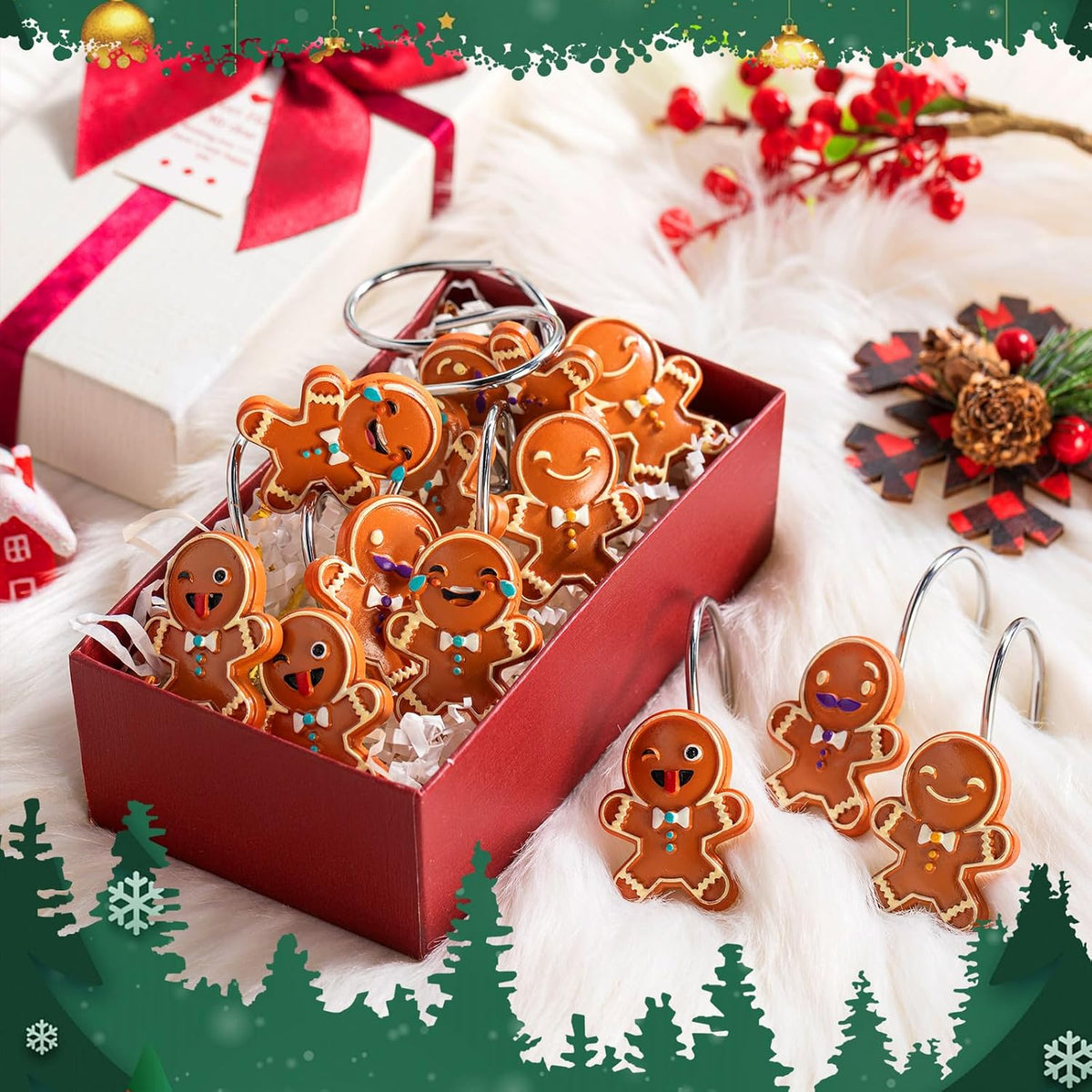Yungyan 12 Pcs Christmas Shower Curtain Hooks Gingerbread Curtain Hangers