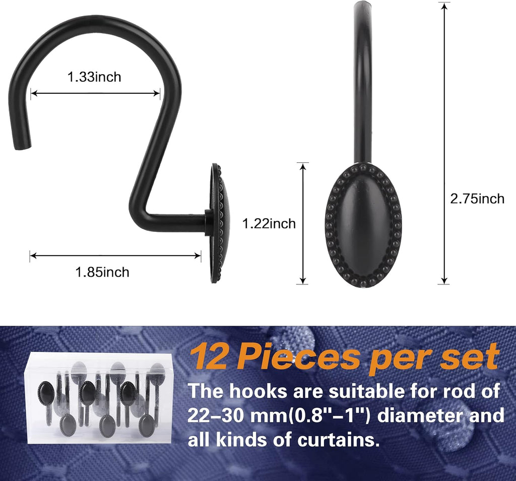 Black Shower Curtain Hooks,12Pcs Heavy Duty Rustproof Zinc