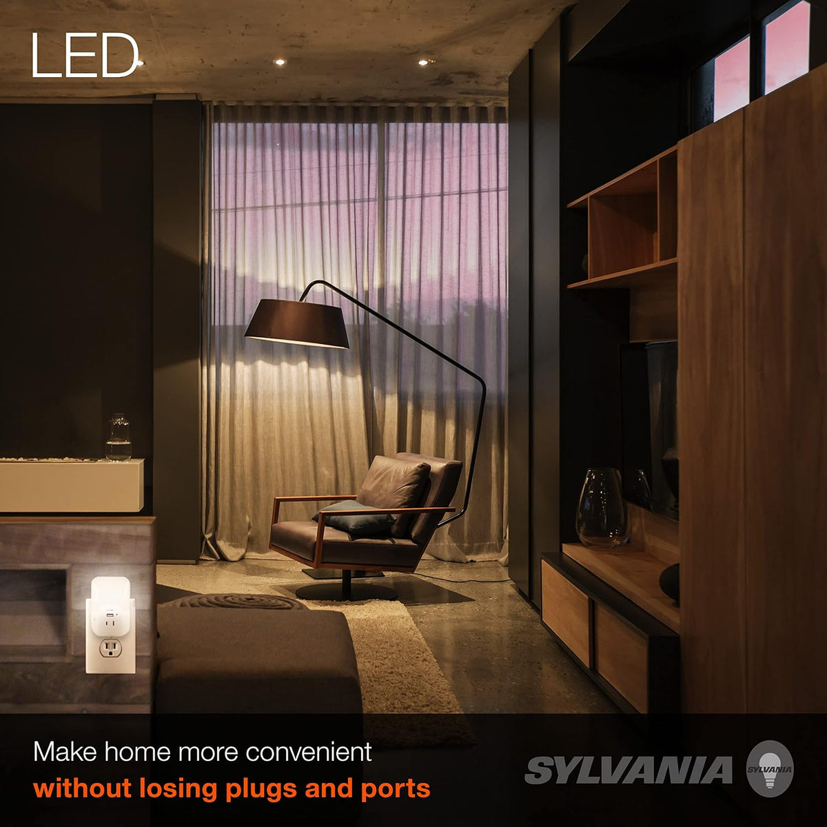 LEDVANCE Sylvania LED Night Light with USB Port and Socket, 3-Color Select, Frosted, 3000K, 5 Lumens, Cool White - 1 Pack (64991)