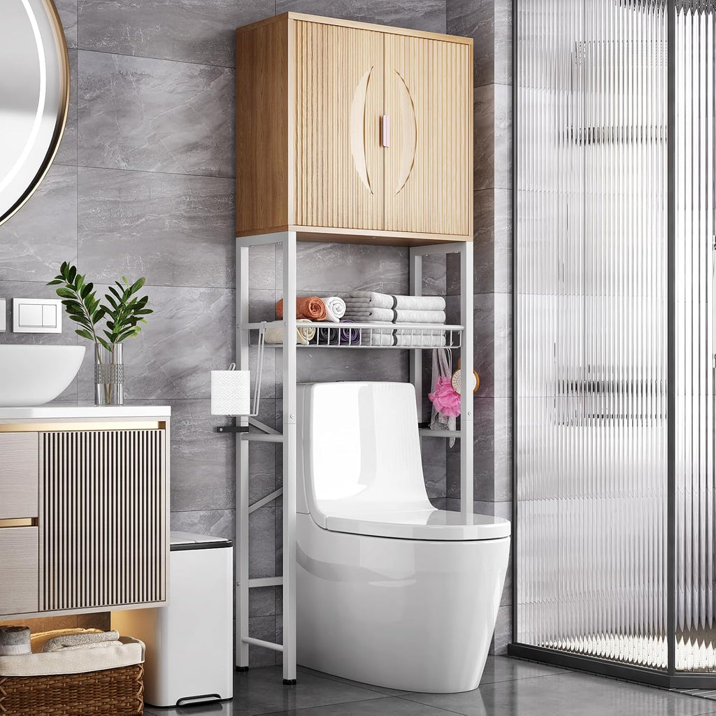 Kalrin Over The Toilet Storage Cabinet with Fluted Wave Doors and Adjustable Shelf, Wood Over Toilet Storage Rack with Drain Basket, Freestanding Bathroom Organizer for Balcony Laundry, Wood & White
