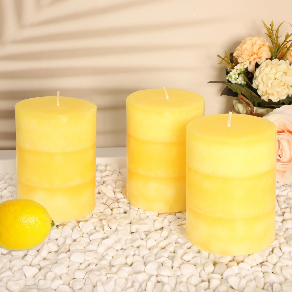 Yellow Pillar Candles 3x4 Inch Hand-Poured Lemon Scented Candles Lemongrass Fragrance Long Lasting Clean Burning Smokeless Summer Candle for Home Scent Bathroom Rustic Table Decor, Set of 3