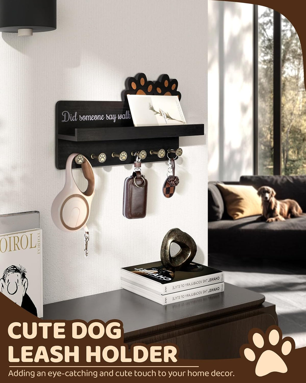 MTERSN Decorative Dog Leash Holder for Wall with Shelf & 6 Hooks, Black