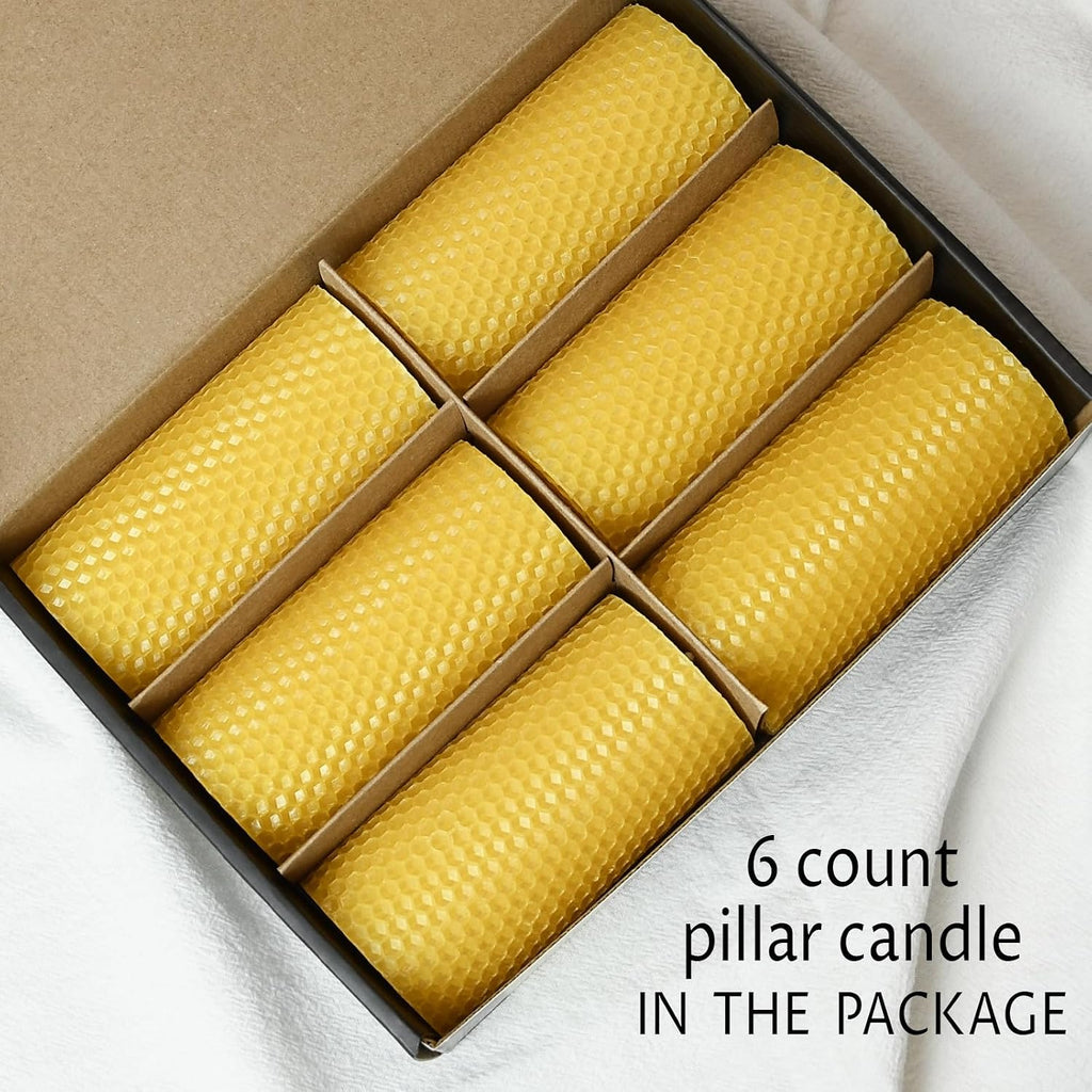 Hand Rolled Dripless Beeswax Pillar Candle Bulk, 2 x 4 inch, 6-Pack, Yellow