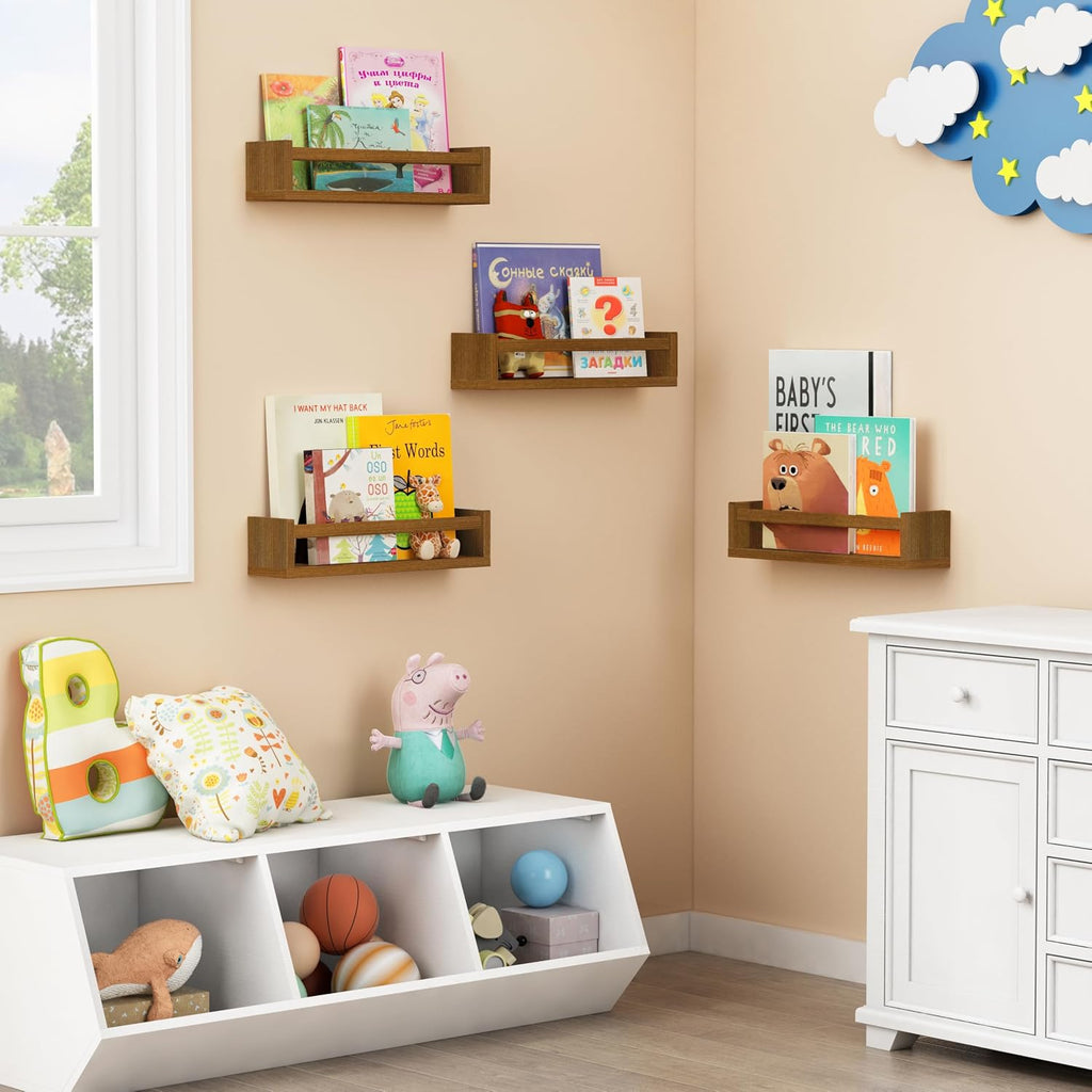 Forbena Nursery Floating Book Shelves, Walnut Brown Wall Bookshelf for Kids