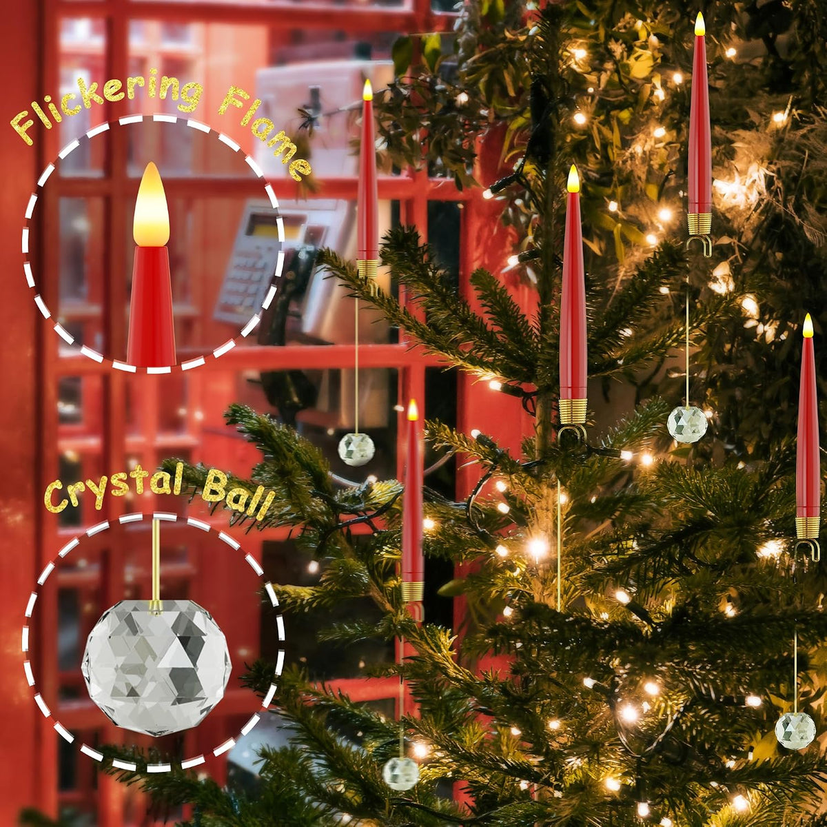 JOIONE Red Christmas Tree Candles, 10 Pcs Crystal Ball Tree Hanging Decor