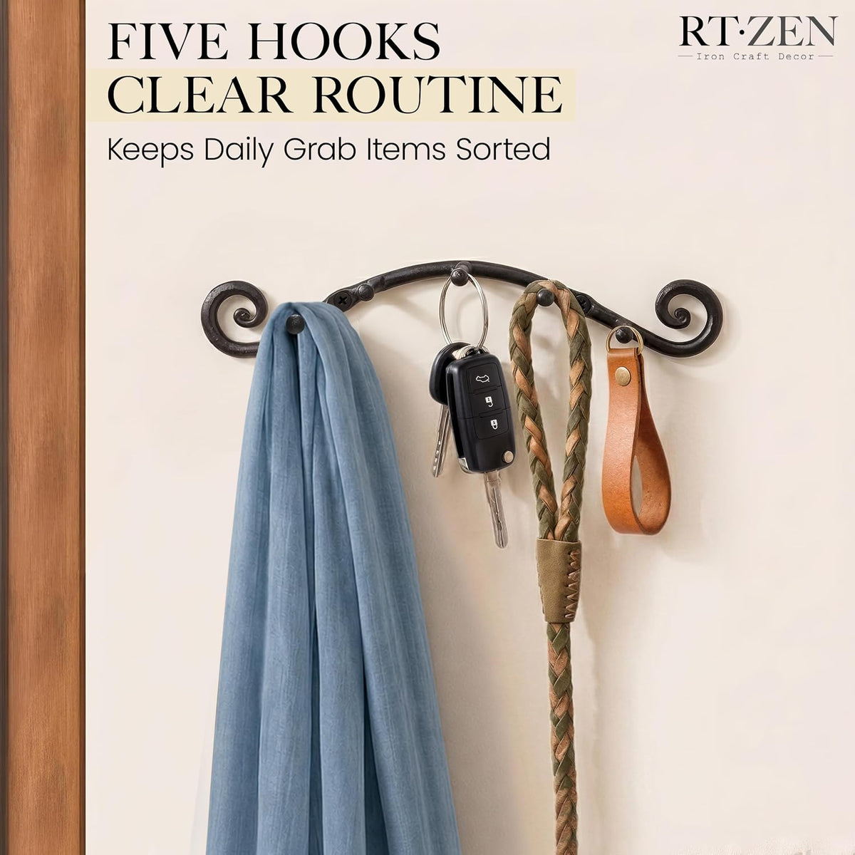 RTZEN Farmhouse Small Key Holder for Wall, Wrought Iron Wall Mount Rack