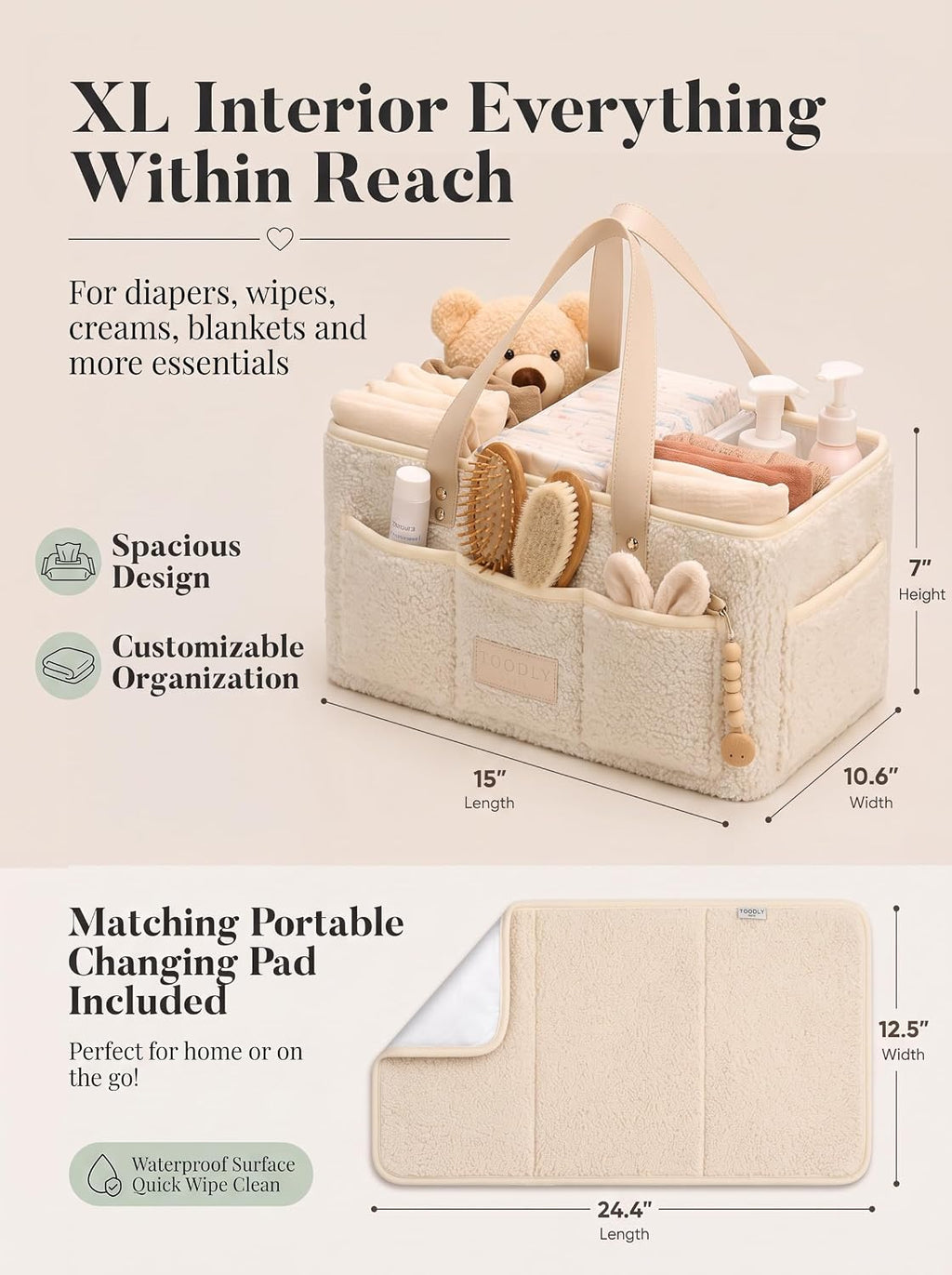 Baby Diaper Caddy Organizer with Waterproof Changing Pad, Beige