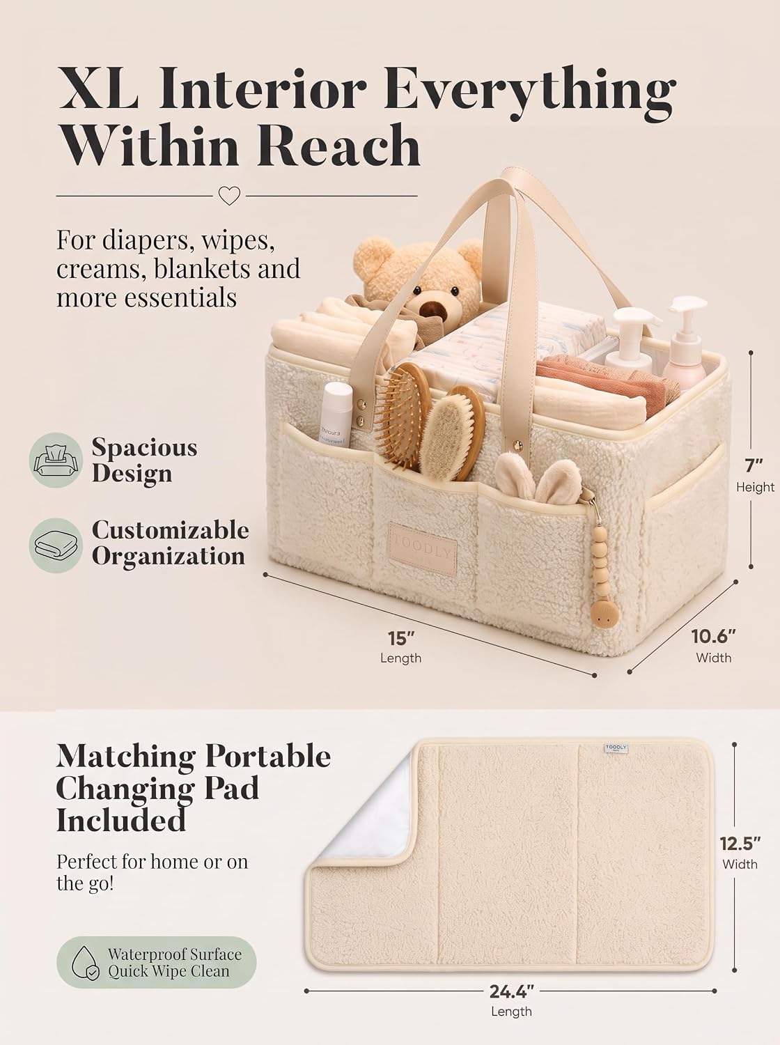Baby Diaper Caddy Organizer with Waterproof Changing Pad, Beige