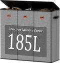 185L Laundry Hamper 3 Section with Lid, Grey Hamper 3 Compartment with 3 Removable Laundry Bags, Large Laundry Basket for Bedroom, Laundry Room, Dorm