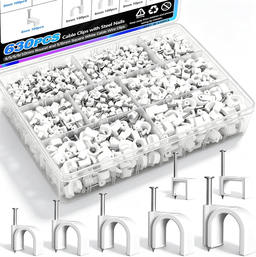mxuteuk 630PCS Cable Clips with Steel Nails,4/5/6/8/10mm Round and 5/6mm Square White Cable Wire Clips,Wall Clips for Cords,Cable Cord Clips for RG6 RG59 CAT6 RJ45