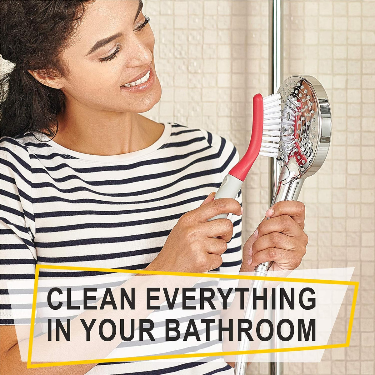 Scrub Brush Set of 6 pcs - Red or Blue Randomly Color, Cleaning Shower Scrubbers with Squeegee for Shower Glass & Adhesive Wall Hooks Including Grout Cleaner Brush for Cleaning Bathroom, Tile