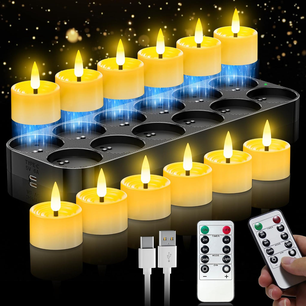 Rechargeable Tea Lights 12 Pack with Remote & Timer, Magnetic Charging Base