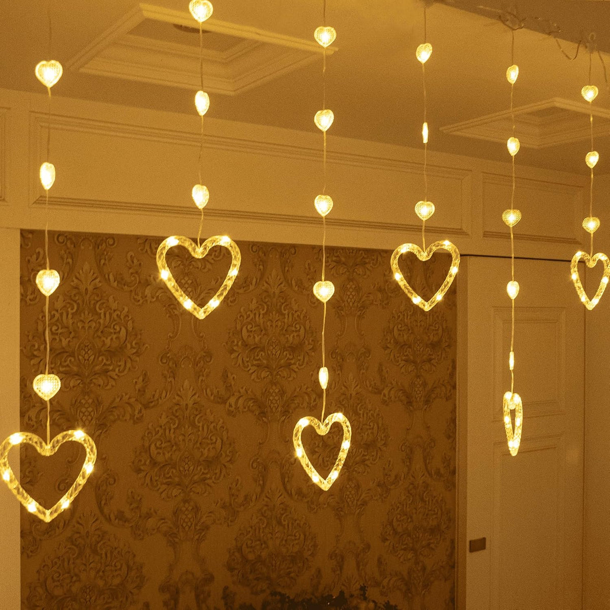 YOLIGHT Heart Curtain Lights, 9.8ft Valentine's Day Window Lights, USB Plug LED Hearts String Lights, Light up Heart Hanging Lights for Valentines Mother's Day Room Decoration (Warm White)