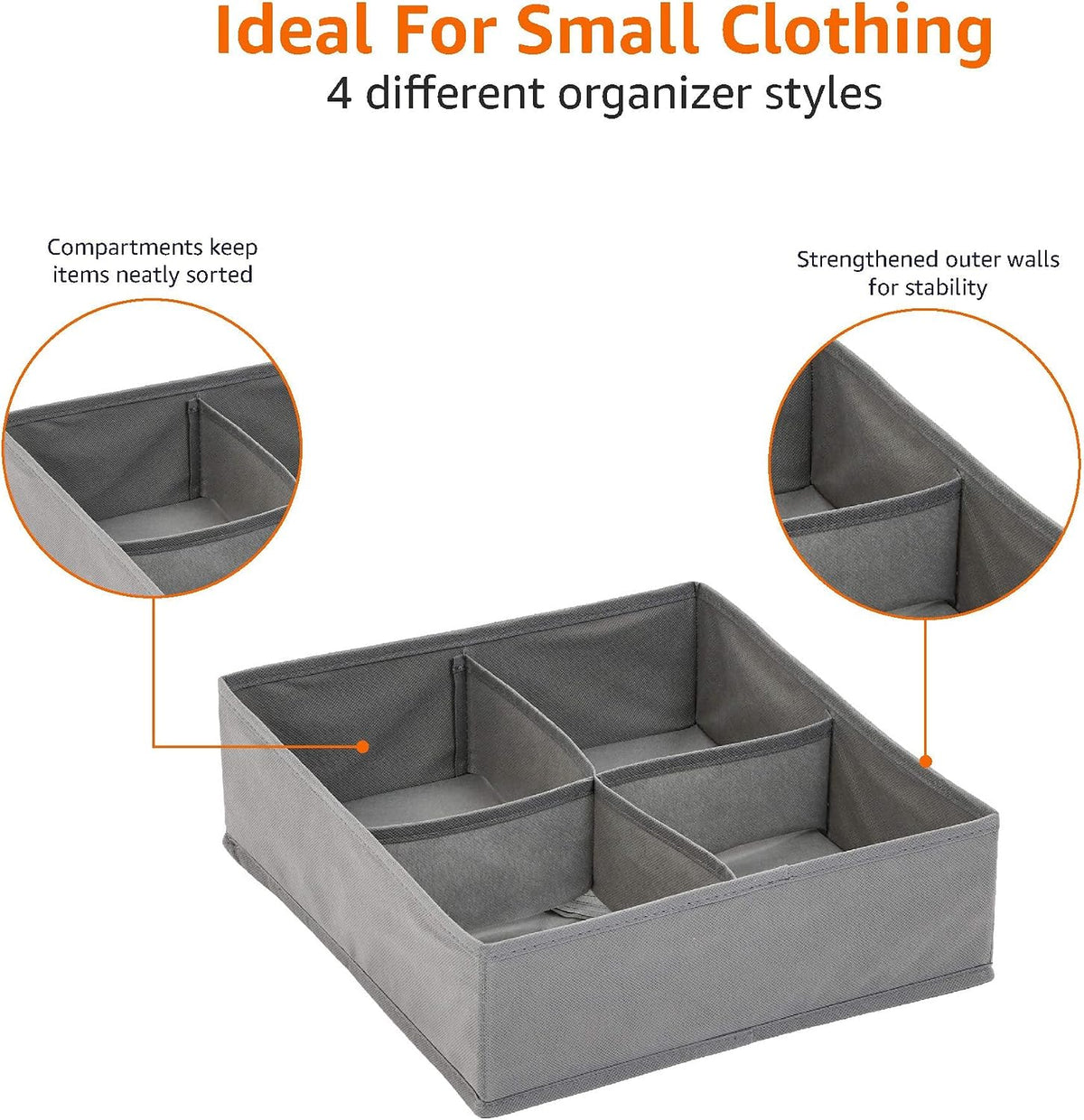 Amazon Basics Deep Drawer Organizer for Clothes, Collapsible Storage Boxes for Socks, Underwear and Baby Items, Set of 2, Gray