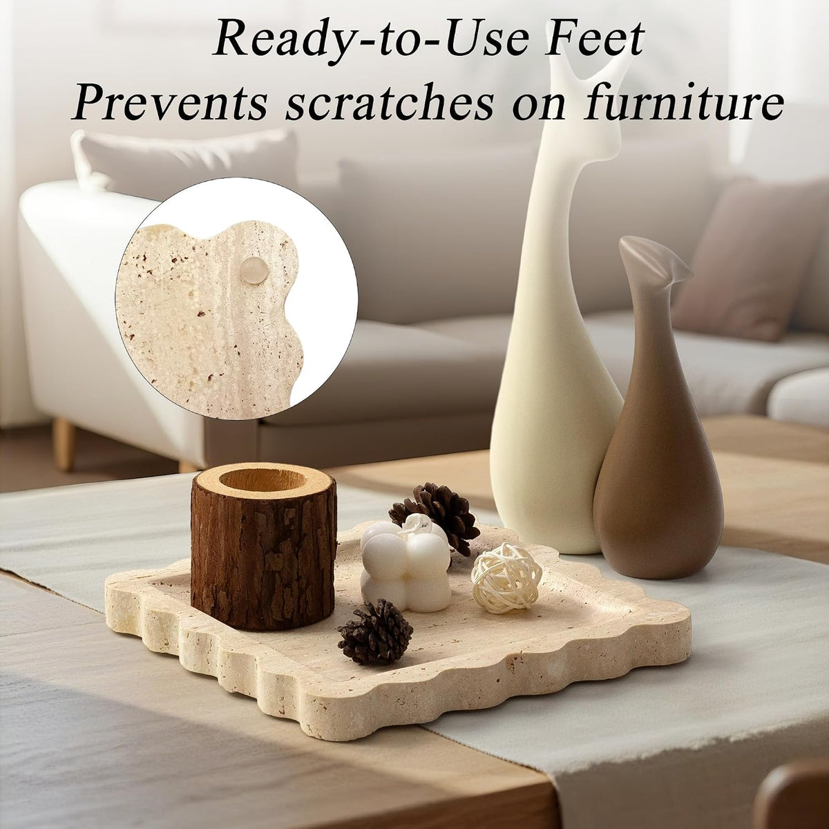 YMXYJM Travertine Marble Tray, Scalloped Stone Coffee Table Tray Decor - 8"
