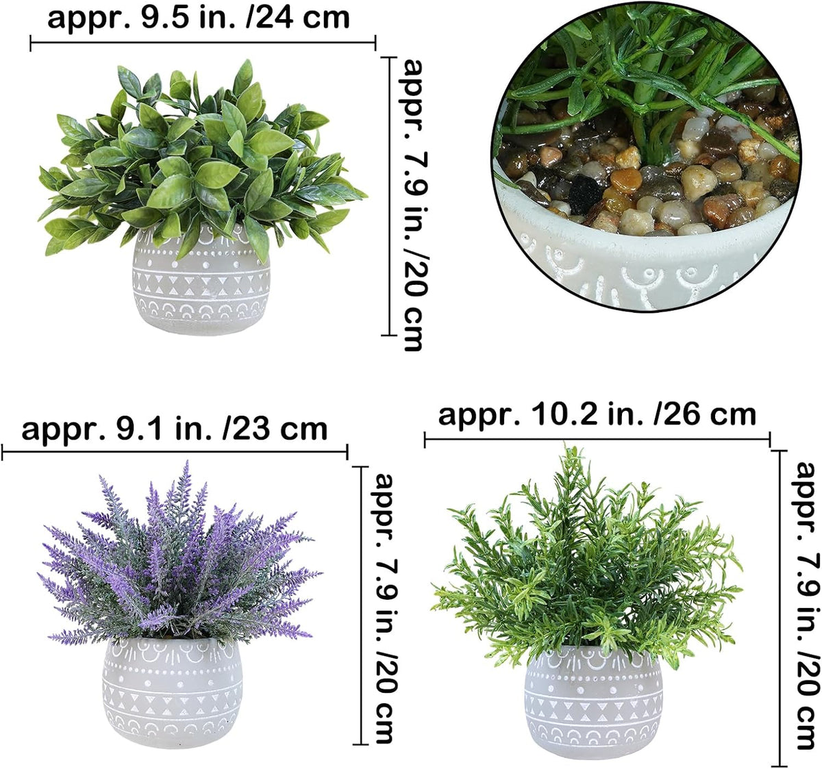 Winlyn Faux Potted Plants Set of 3 – Artificial Lavender Flower, Rosemary, Boxwood in Gray Geometric Concrete Pots for Wedding Home Living Room Table Centerpiece Windowsill Shelf French Boho Décor