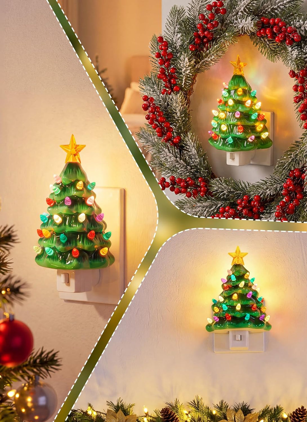 Minetom Ceramic Christmas Tree Night Light Vintage Plug in Wall Decor Green