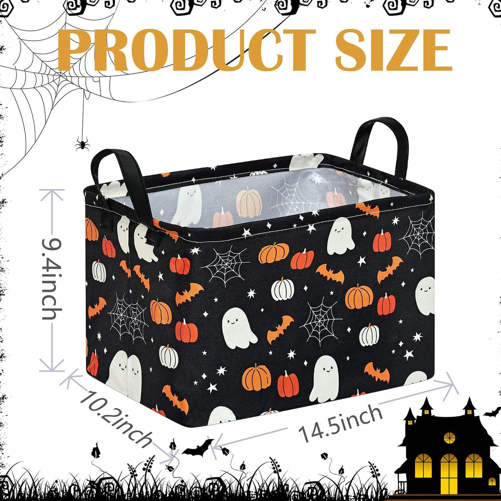 Halloween Storage Basket, Black Ghost Pumpkin Cotton Linen Blend Organizer Bin with Handles, Foldable Rectangular Shelf Basket for Toys, Clothes, Laundry, Bedroom, Gift Basket, Party Decor