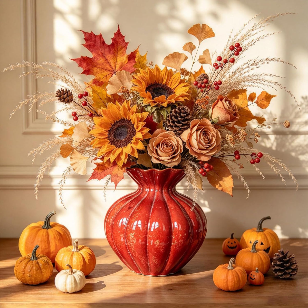 Ceramic Vase, Modern Boho Flower Vase for Home Decor, Unique Vase for Farmhouse Living Room Cabinet Table Centerpieces Wedding Decorations (Extra-Wide-Orange Red)