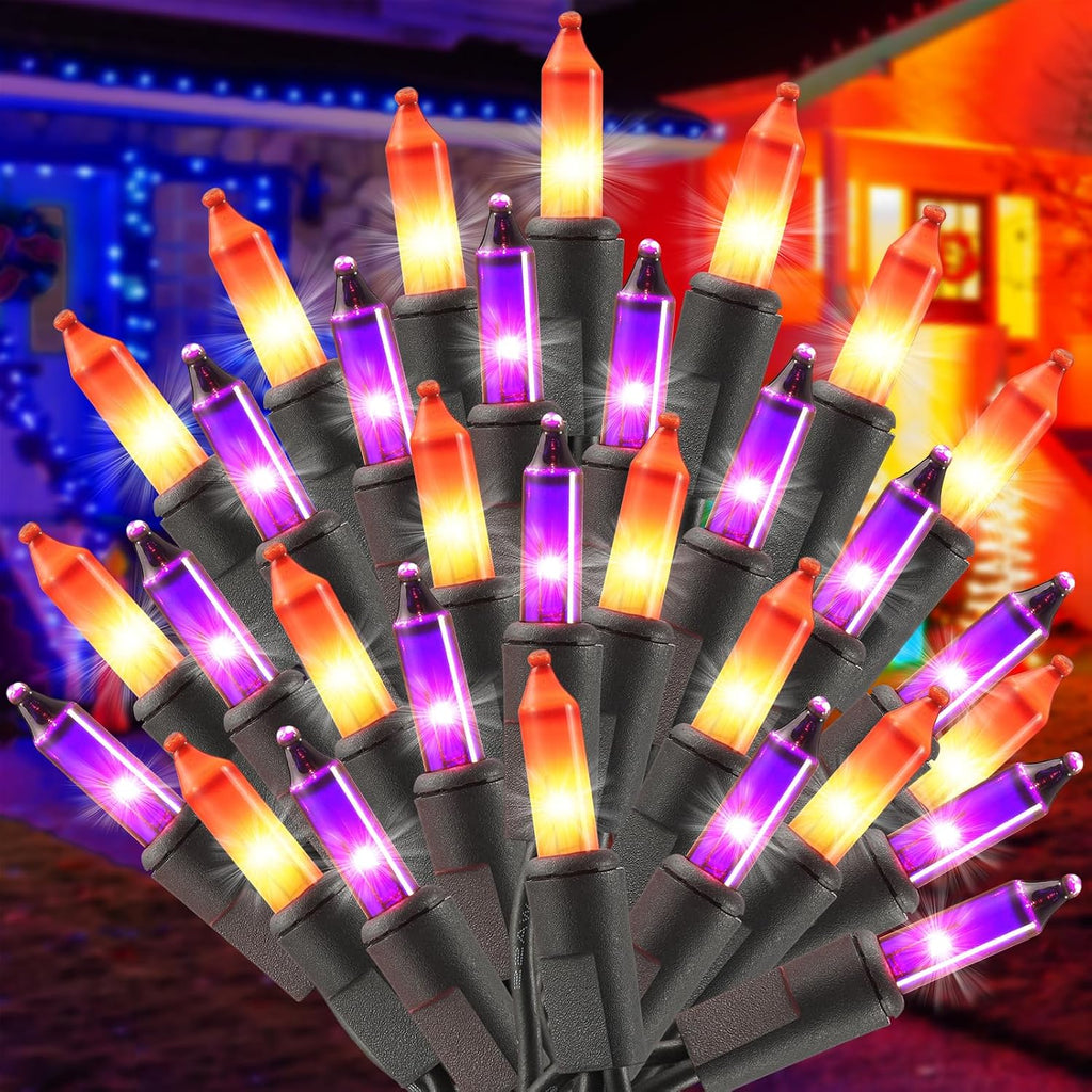 Brillarlights Halloween Purple Orange String Lights Plug in, 21FT 100 Count Mini Incandescent Black Cord, Connectable Spooky Tree Lights for Mantle, Porch, Yard Decor