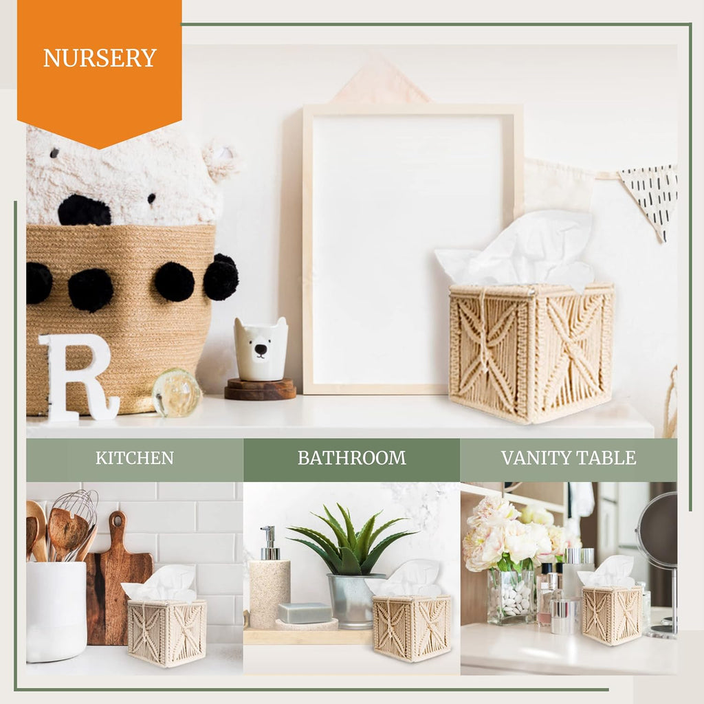 Livalaya Macrame Tissue Box Cover Square Cute Boho Tissue Box Holder, Macrame Napkin Tissues Organizer Toilet Paper holder or Tissues Cube box cover for Bathroom vanity, Bedroom Night Stand Home Décor