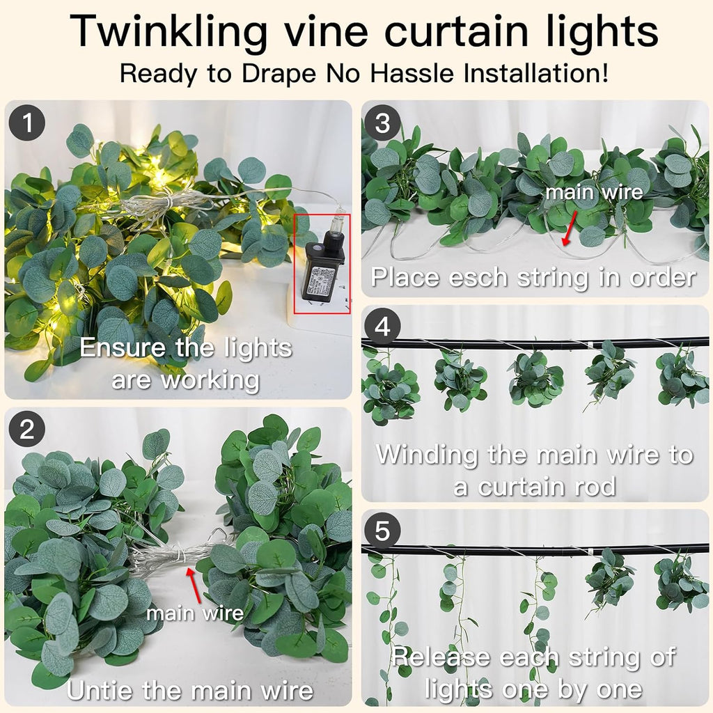 suddus 200 LED Vine with Light Plug in, 6.5ft x 6.5ft Eucalyptus Fairy Curtain Lights with Remote, Leaf Fairy Lights for Wall,Bedroom, Dorm, Wedding, Party, Indoor Decor(Warm White)