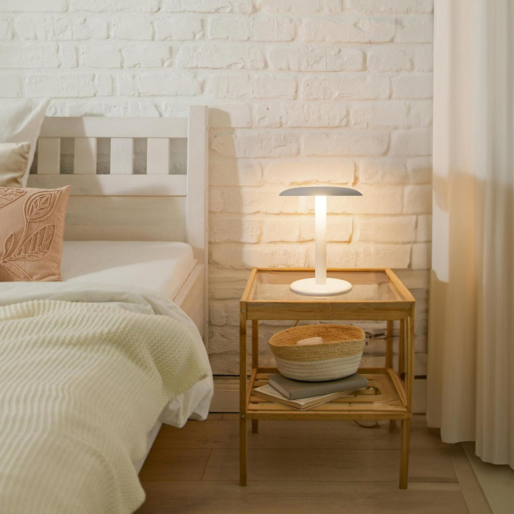 Brightech Zeno Cordless LED Table Lamp - Small 7.5in Touch Dimmable Bedroom, Side Table, End Table, Desk - Modern Rechargeable Portable Bedside, Living Room Light, Great for Outdoor, Camping - Cream