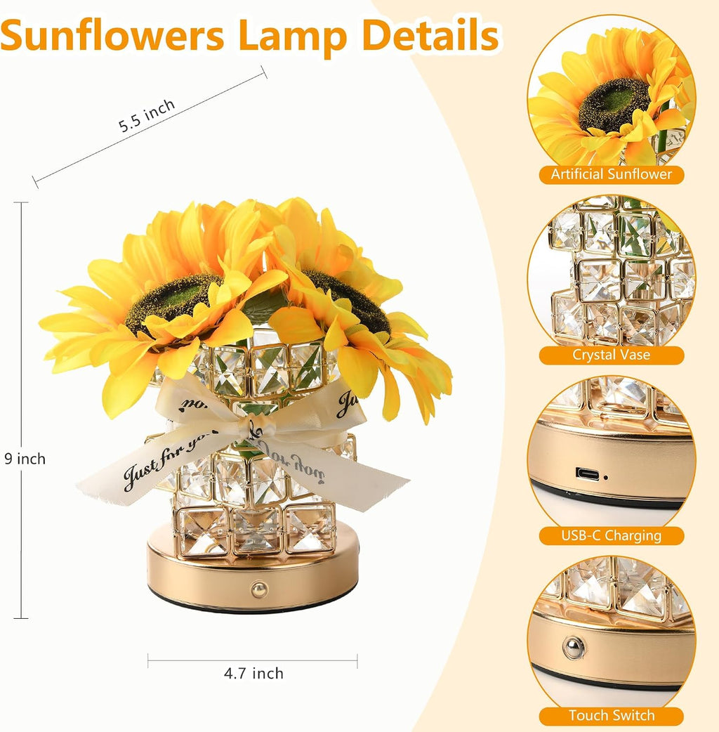 Handmade Sunflower Lamp, Rechargeable Cordless Touch Table Lamp, 3-Colour Infinitely Dimming Small Night Light, Festival Restaurant Bedroom Bar Coffee Shop Birthday Gifts for Women Mom, 2 Sunflowers