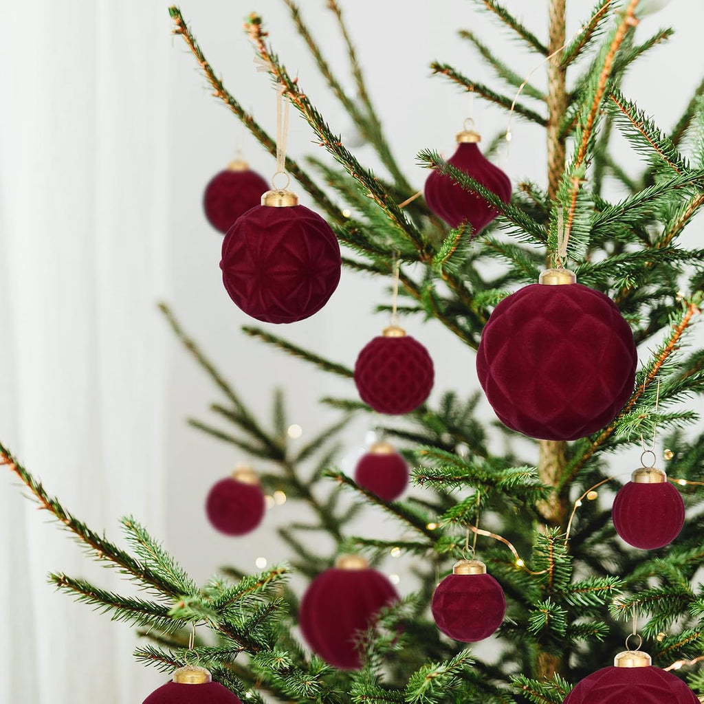 46PCS Velvet Christmas Ball Ornaments Set, Burgundy Flocked Shatterproof Xmas Tree Decor, Assorted Hanging Ornaments with Loop for Holiday Home Decor, Christmas Tree Decoration (Red)