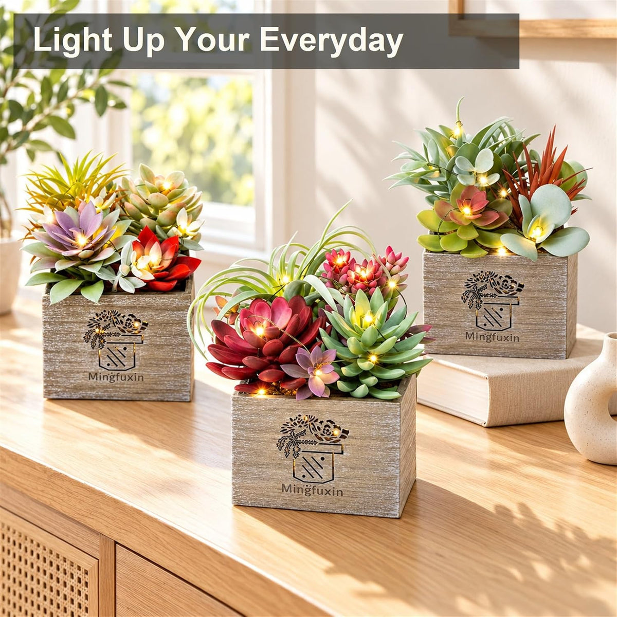 Succulents Plants Artificial with Light for Home Office Decor 3 Pack