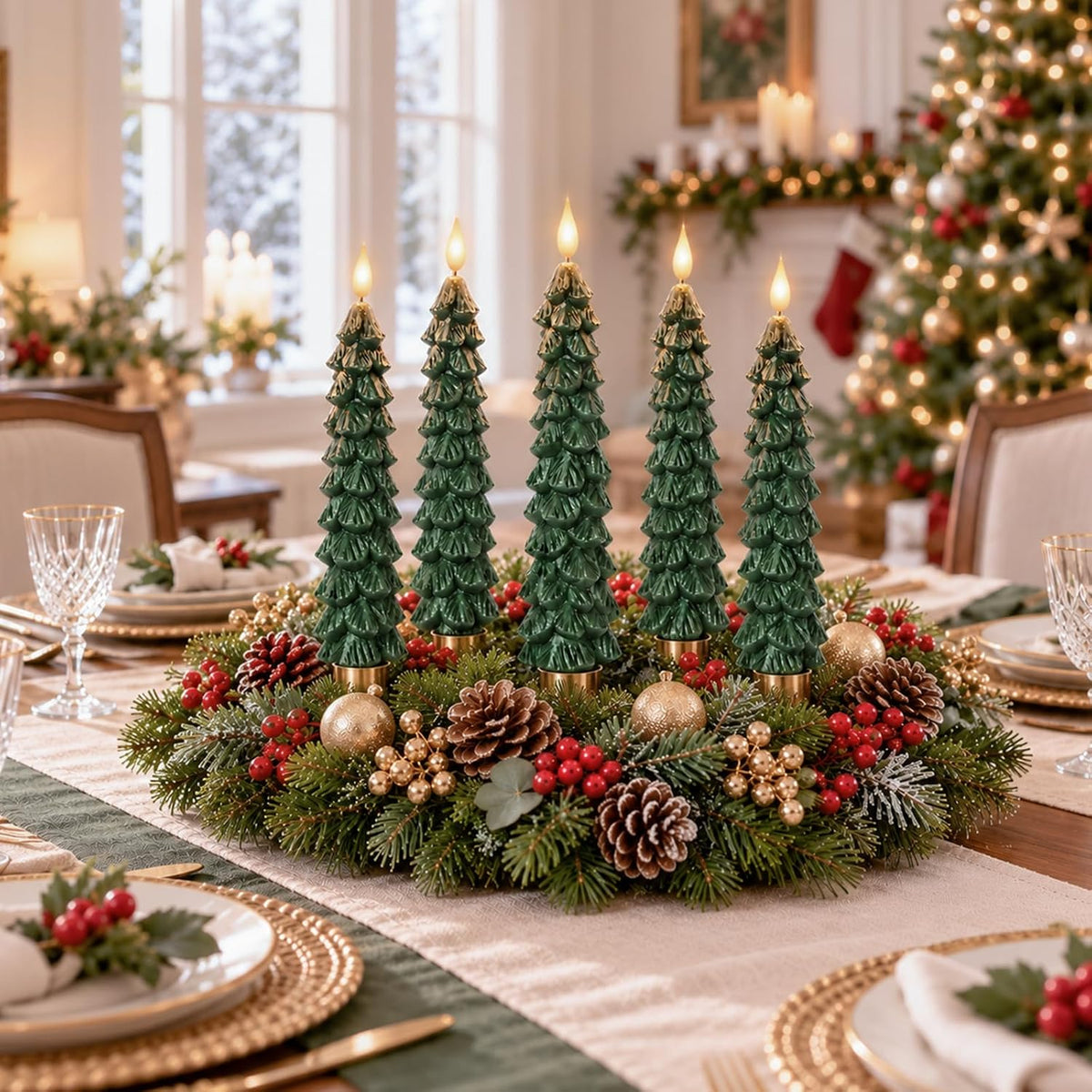 Flameless Christmas Tree Shaped Candles, Taper Xmas Window Decor Gifts