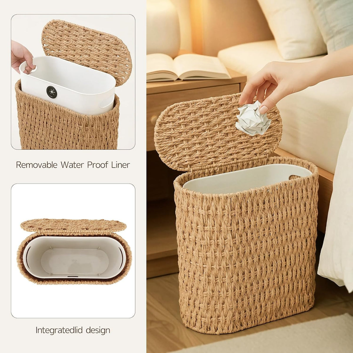 Endymion 3 Gallon Wicker Trash Can, Paper Rope Bathroom Trash Can with Lid