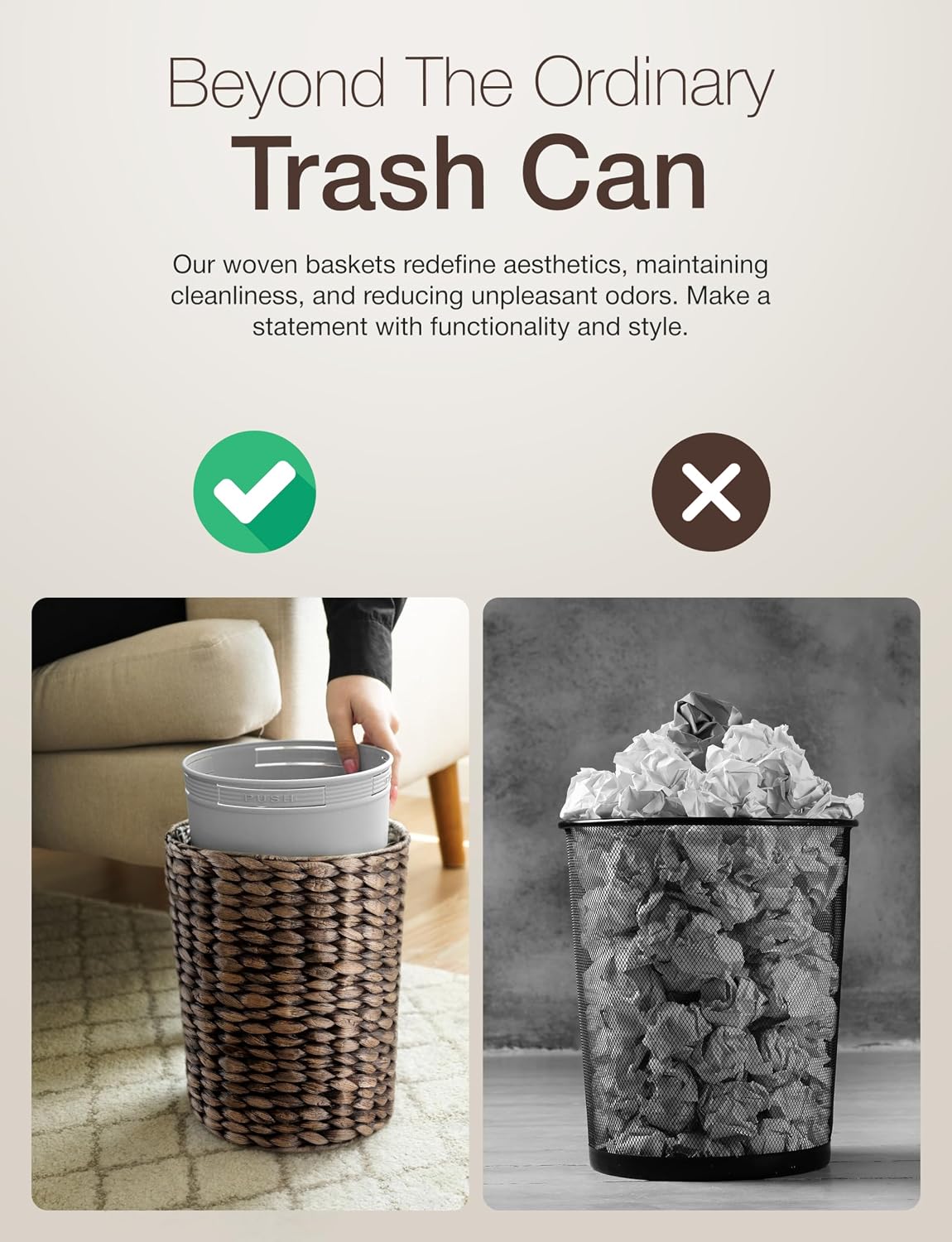 Tidita Wicker Trash Can with Lid, Wicker Waste Basket 1.5Gallon,Black Color