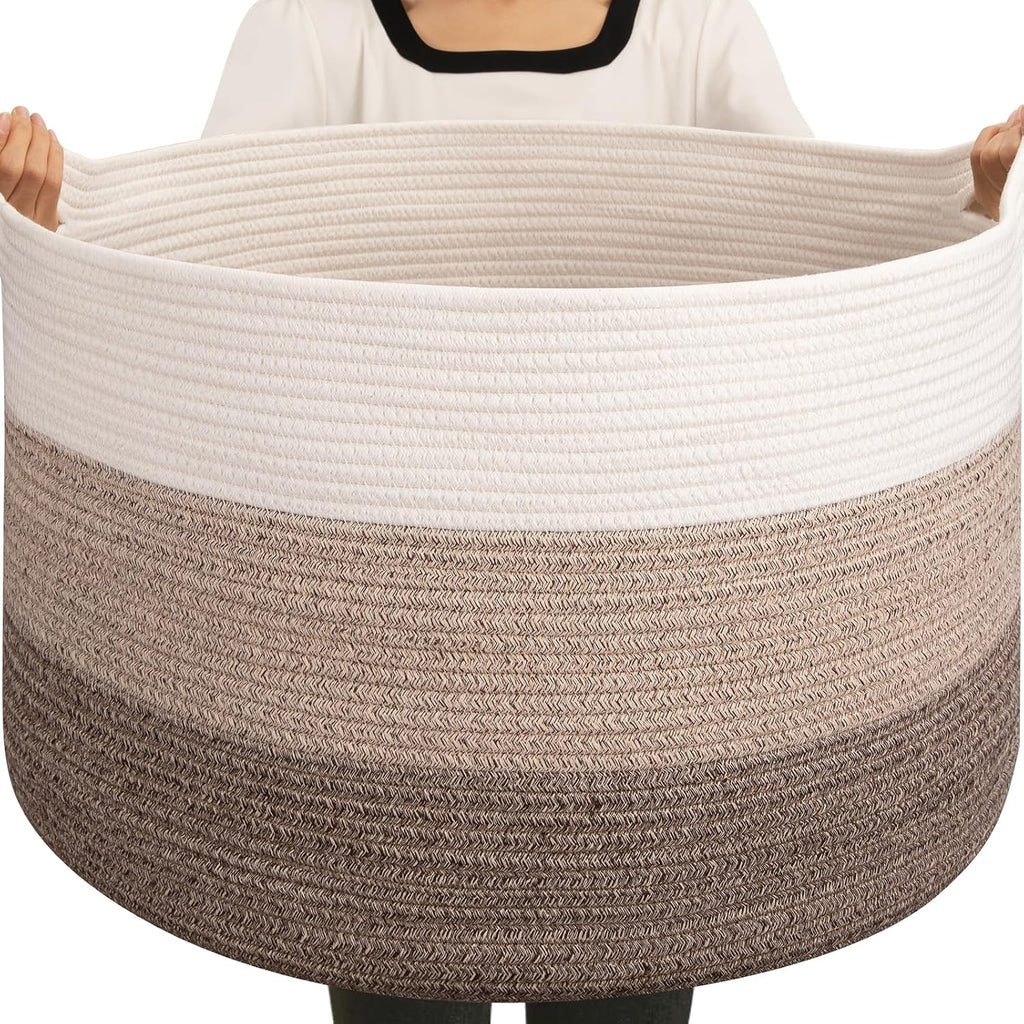OIAHOMY 105L Extra Large Blanket Basket - Decorative Cotton Rope Storage Basket for Bedroom, Living Room & Nursery - Woven Laundry Hamper for Organizing Blankets, Clothes & Toys - Gradient Brown
