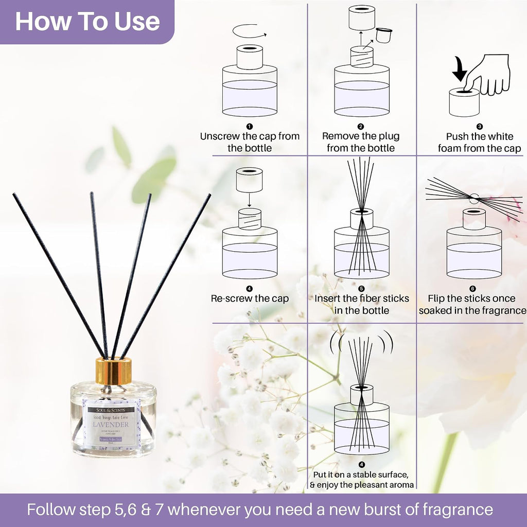 Soul & Scents Lavender Scented 4.06 oz (120ml) Reed Diffuser Set with 6 Fiber Sticks for Room Decor | Home Fragrance Reed Diffuser | Air Freshners for Home