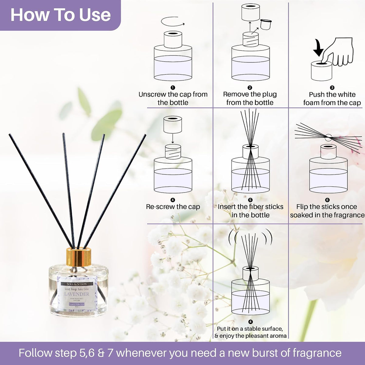 Soul & Scents Lavender Scented 4.06 oz (120ml) Reed Diffuser Set with 6 Fiber Sticks for Room Decor | Home Fragrance Reed Diffuser | Air Freshners for Home