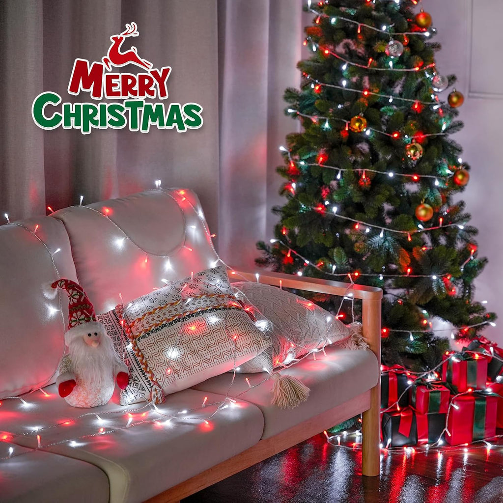 JMEXSUSS 2 Pack 100 LED Red and White Christmas Lights Outdoor, Each 33FT