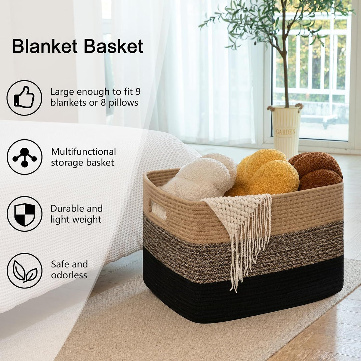 OIAHOMY 118L Extra Large Blanket Basket Cotton Rope Storage Basket Black