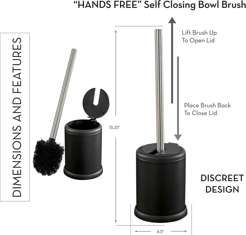 Bath Bliss Toilet Brush and Holder | Self Closing Lid | 360 Degree Brush Head | Bathroom Cleaning | Compact Size | Storage and Organization | Matte Black
