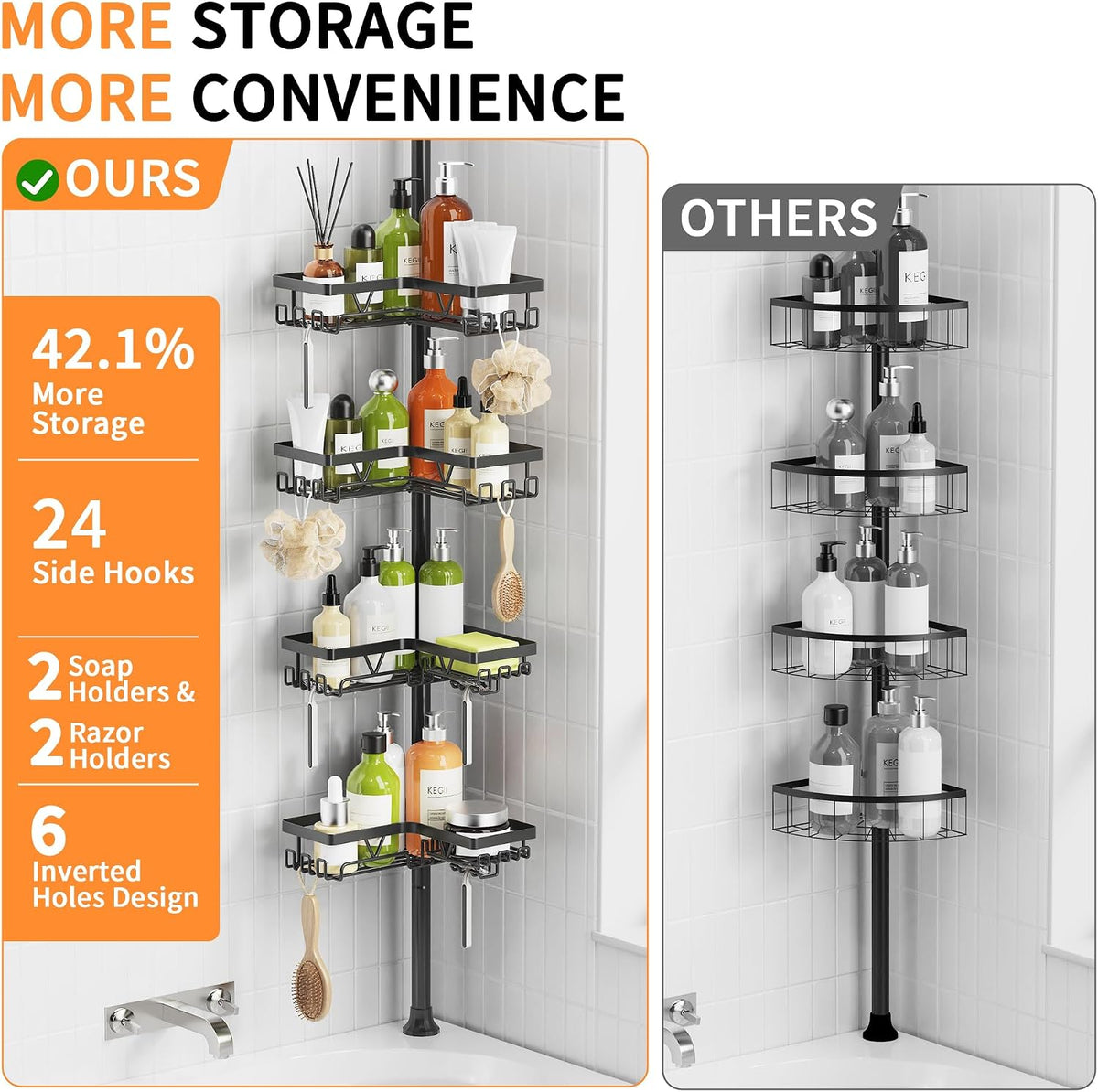KEGII Corner Shower Caddy Tension Pole, 2-Steps Install Bathroom Organizer