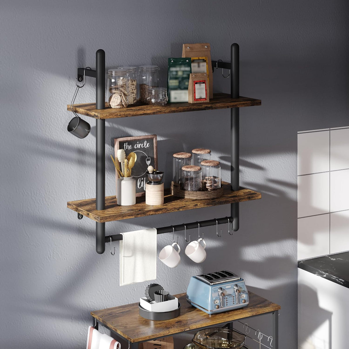 Bestier 24" 2 Tier Industrial Pipe Wall Shelf with 8 Hooks, Rustic Brown