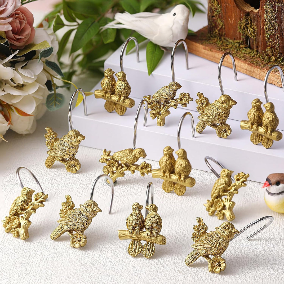 Amyhill 12pcs Gold Bird Shower Curtain Hooks Vintage Bathroom Antique Decor