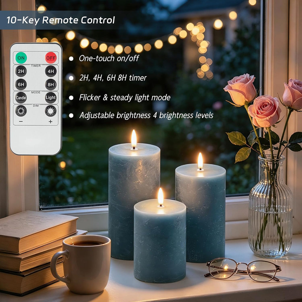 Dusty Blue Flameless Candles with Remote Timer, Battery Operated, Set of 3