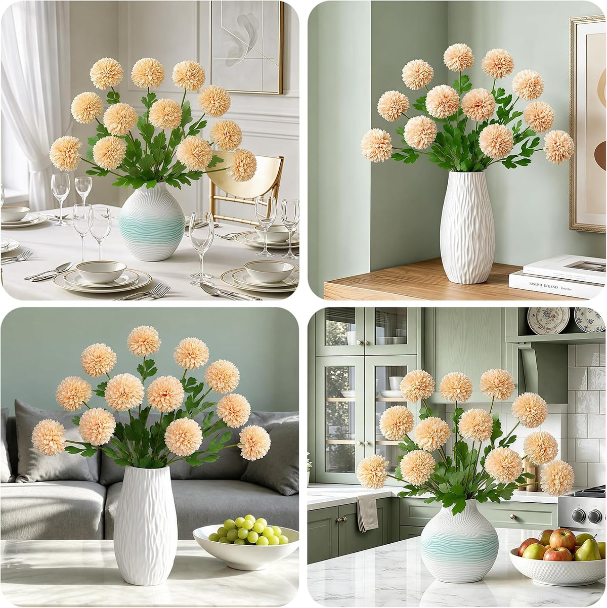 Artificial Flowers Faux Mums, Real Looking Flores Artificiales para Decoration, Faux Flowers Silk Chrysanthemum -28.34'', 12 Flowers for Decoration Indoor, Table Centerpieces(4, Champagne)