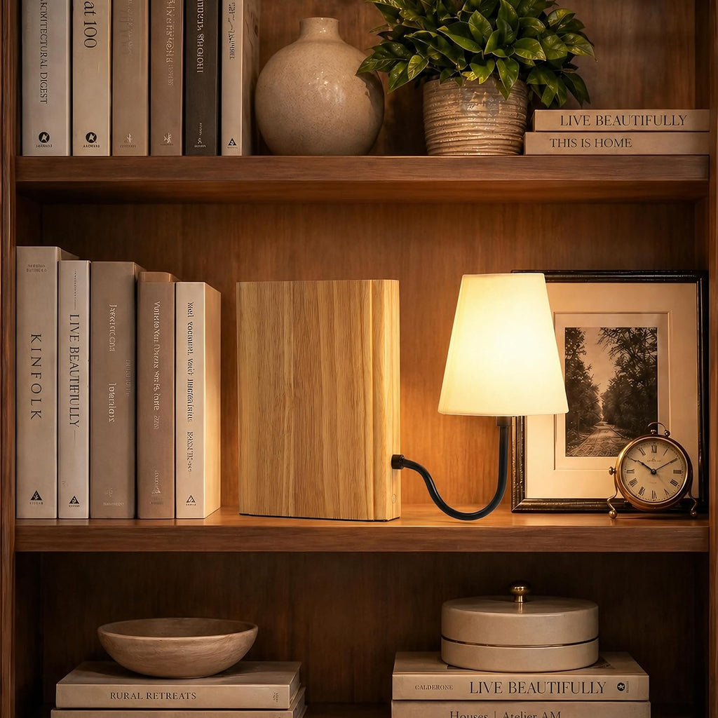 AELS Solid Wood Bookshelf Lamp with Bulb, Cordless Rechargeable Touch Dimmable Table Lamp with Linen Fabric Shade, Modern Decorative Bookend Lamp for Bedroom, Office & Bookshelf Decor, Natural