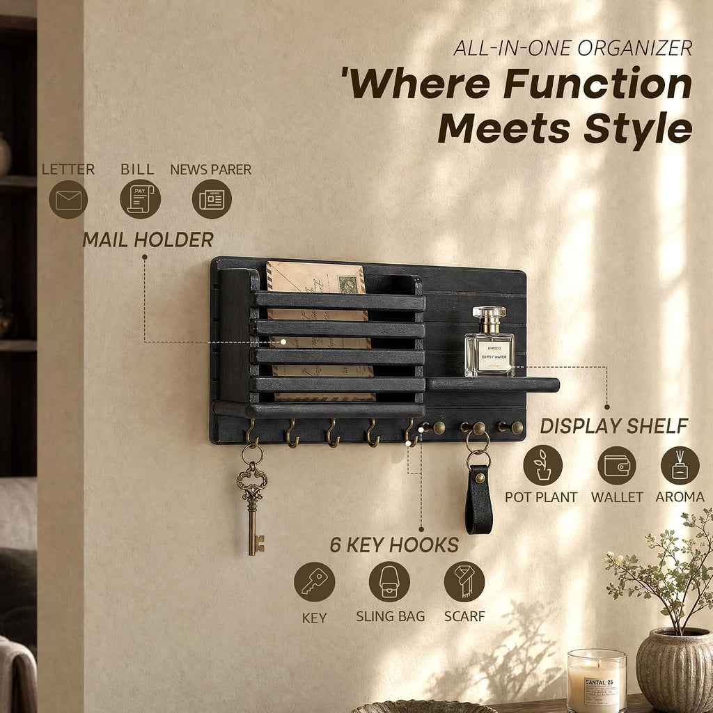Rebee Vision Key Holder Wall Mount with 8 Key Hooks for Rome Decor, Black