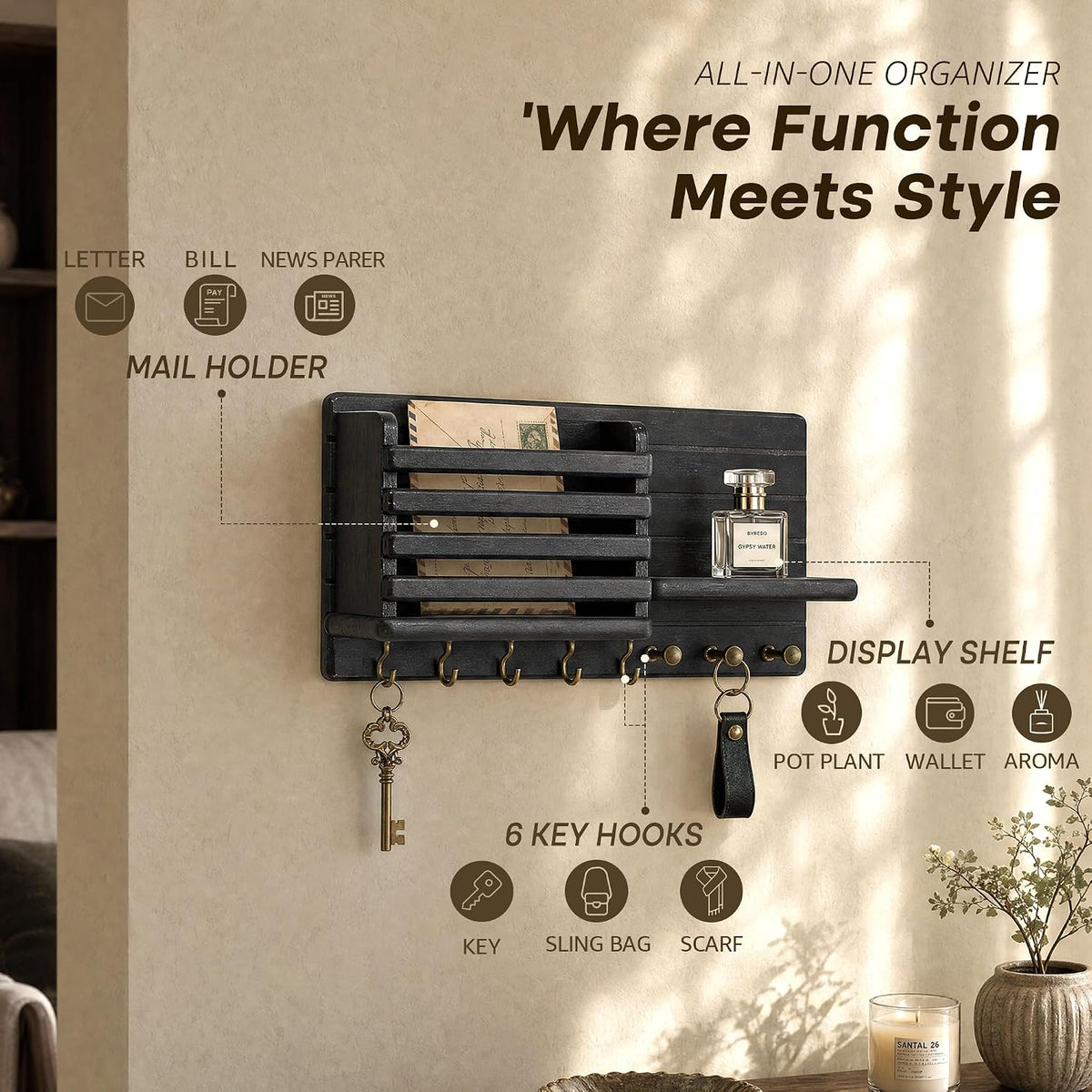 Rebee Vision Key Holder Wall Mount with 8 Key Hooks for Rome Decor, Black