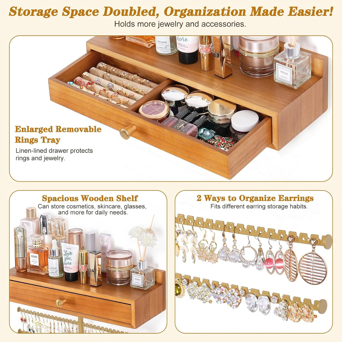 VINAEMO Hanging Wall Mounted Jewelry Organizer with Drawer, Honey Brown